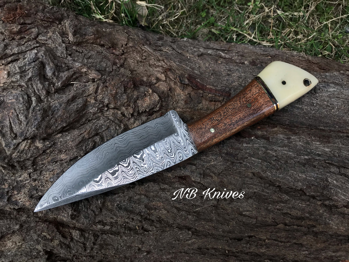 Skinner Knife Forged in Damascus, Finished in Camel Bone & Walnut Wood