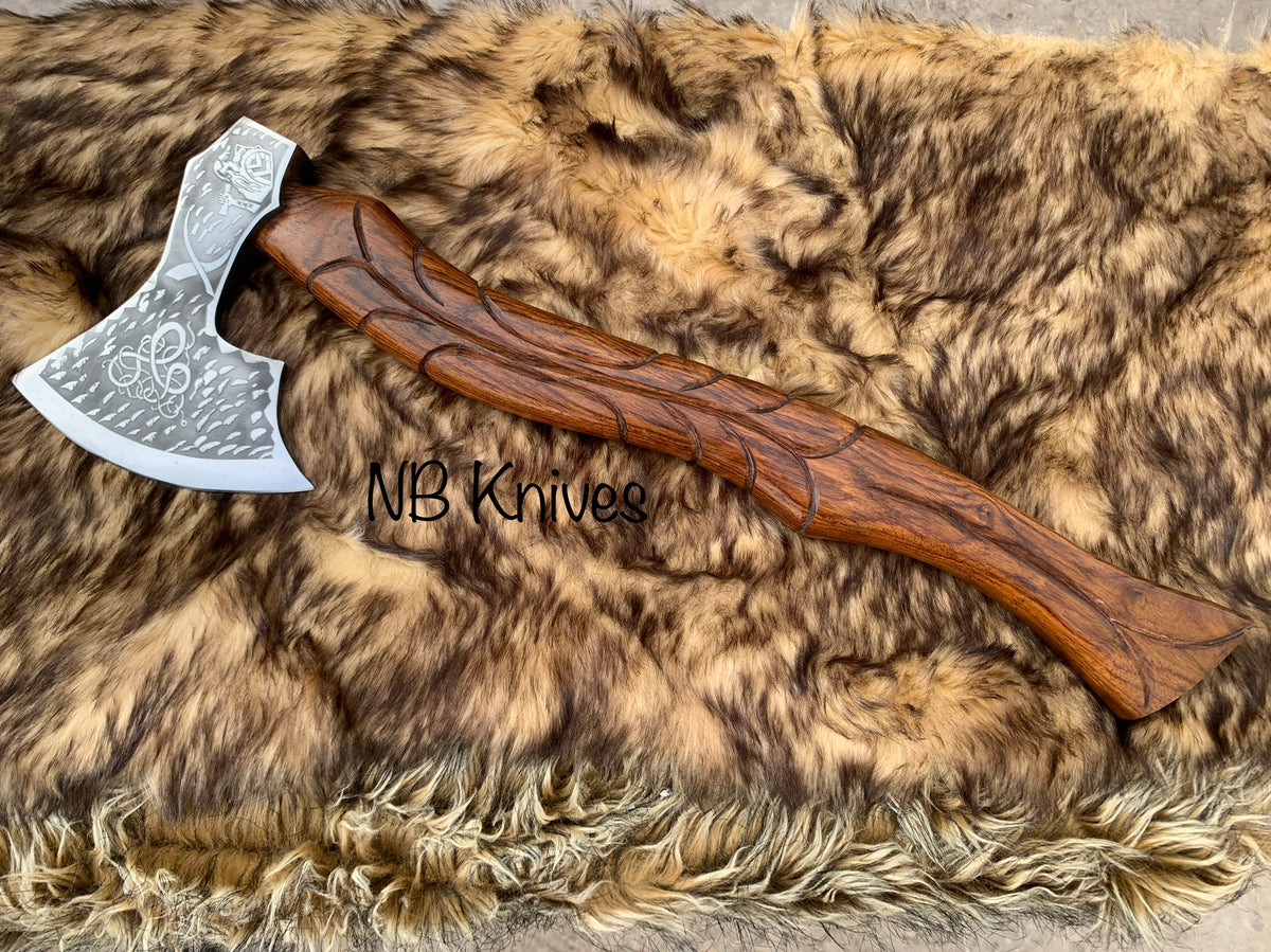 |NB KNIVES| Custom Gift Forged Carbon Steel Viking Axe with Rose Wood Shaft, Viking Bearded Camping Axe, Best Birthday&Anniversary Gift For Him,