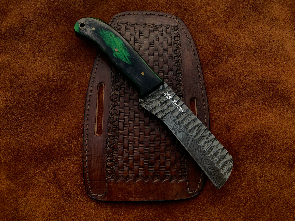 Sculpted Blade Damascus Cowboy Bull Cutter Knife with Pakka Wood Handle