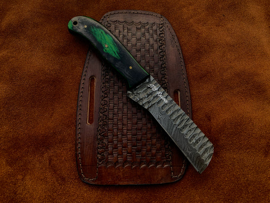 Sculpted Blade Damascus Cowboy Bull Cutter Knife with Pakka Wood Handle