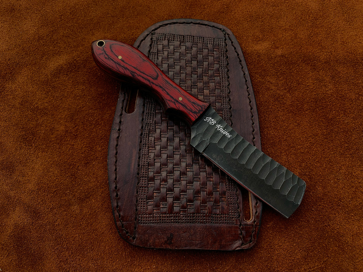 Sculpted Blade 1095 Steel Cowboy Bull Cutter Knife with Red Pakka Wood Handle