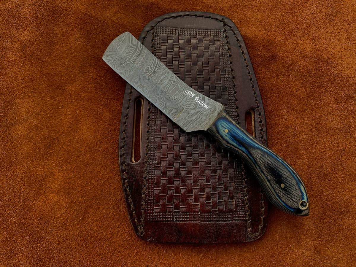 Blue & Grey Pakka Wood Damascus Cowboy Bull Cutter Knife with Sheath
