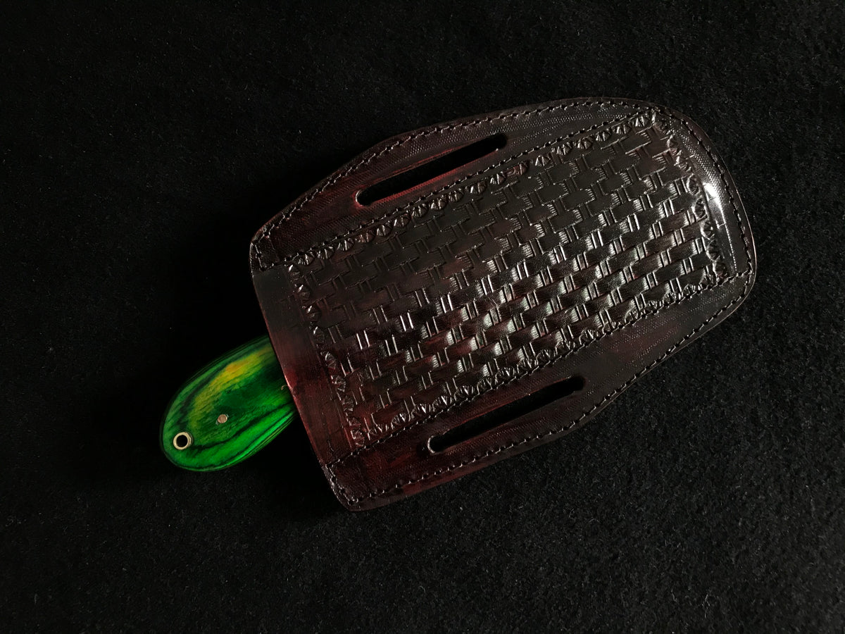 Pakka Wood Bull Cutter with Handmade Damascus Steel Blade & Leather Sheath