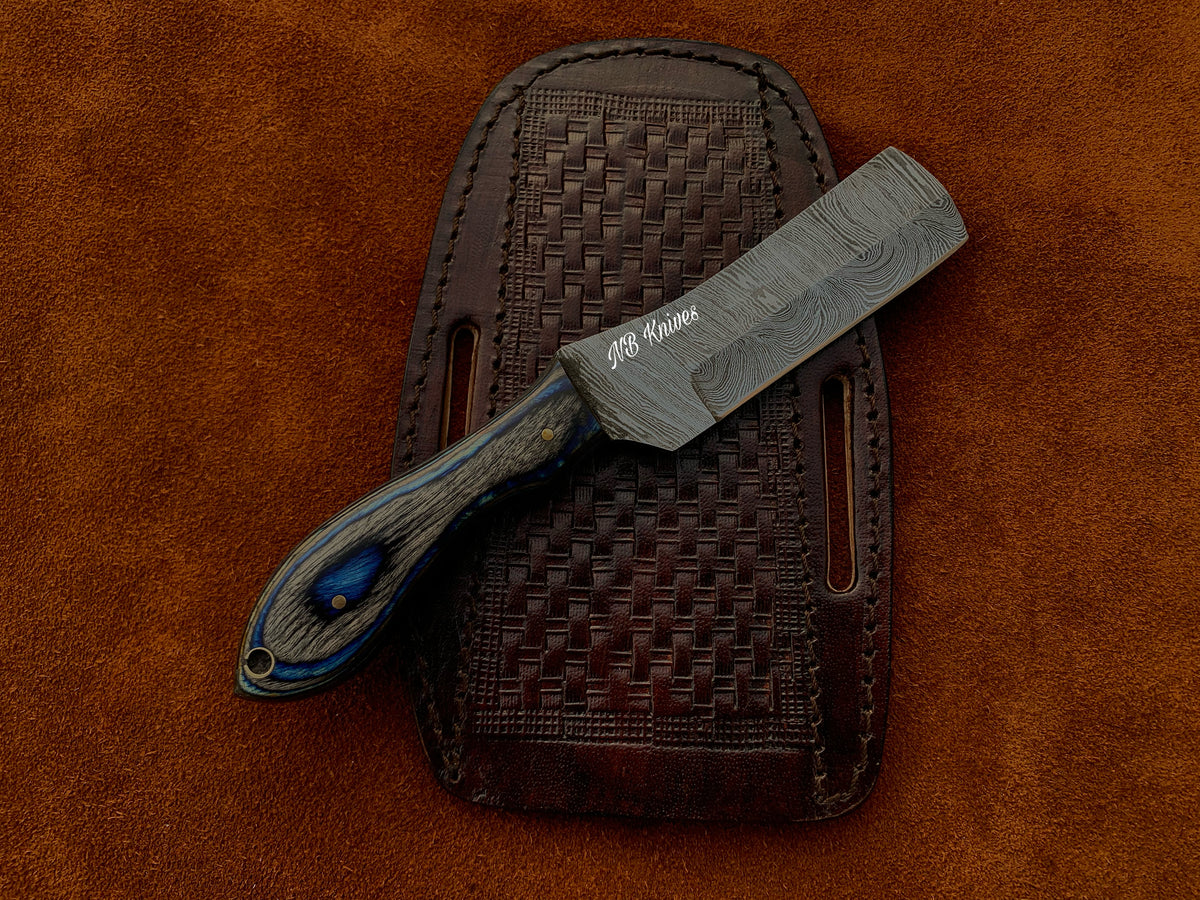 Blue & Grey Pakka Wood Damascus Cowboy Bull Cutter Knife with Sheath
