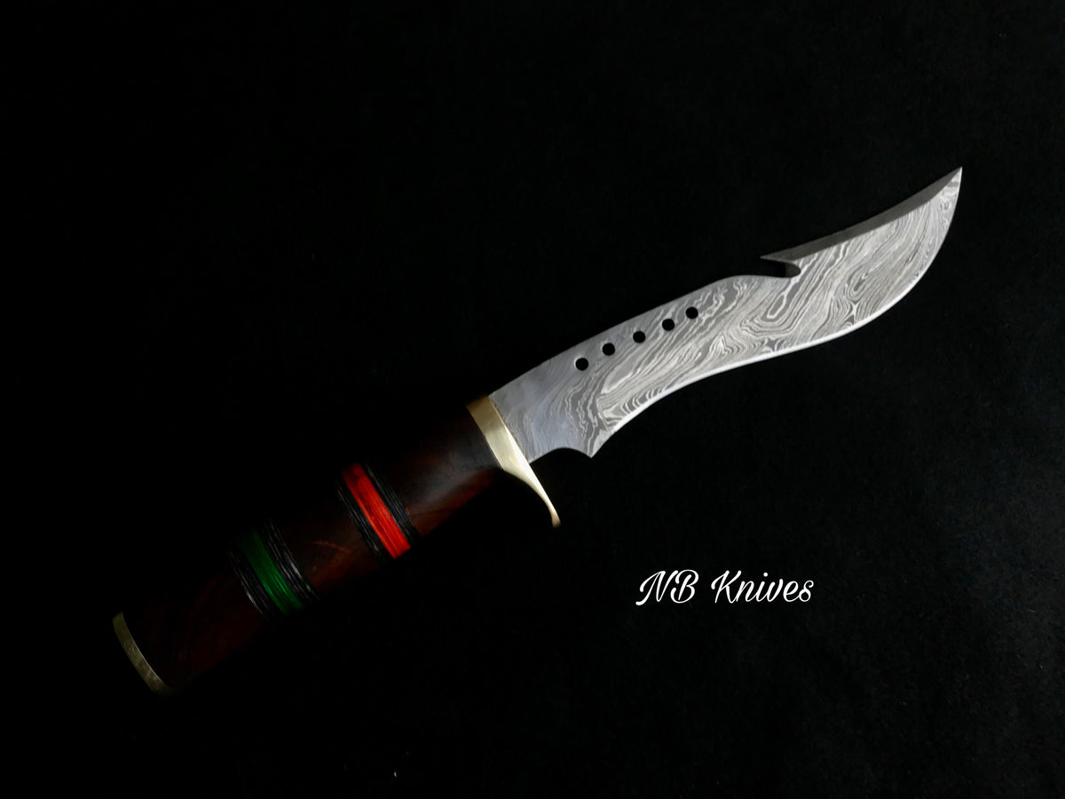 Rosewood Damascus Guthook Hunting Knife with Pakka Wood Spacers & Leather Sheath