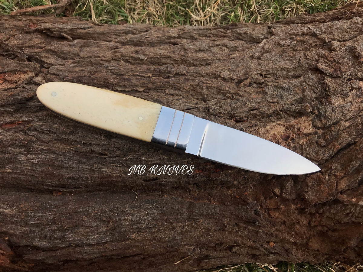 Custom Handmade D2 Steel Hunting Knife with Camel Bone Handle & Leather Sheath