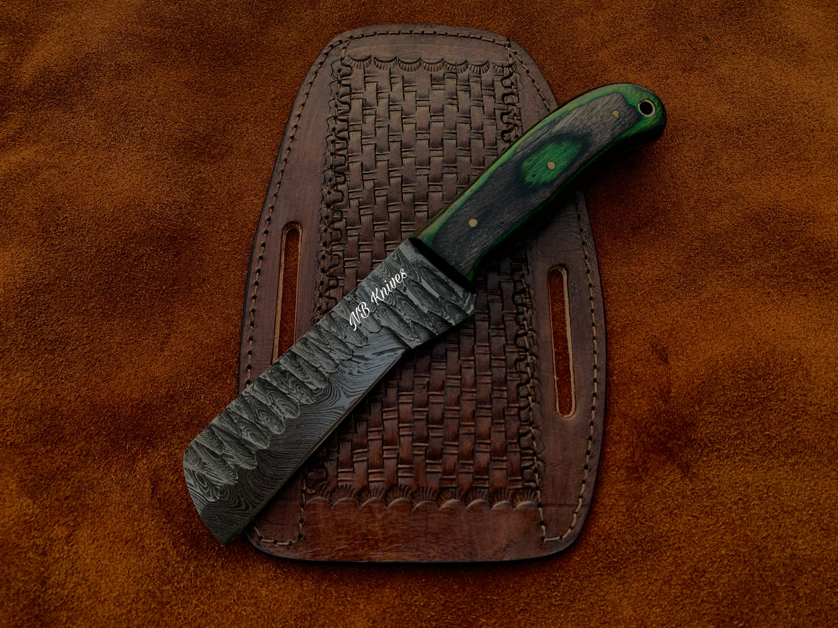 Sculpted Blade Damascus Cowboy Bull Cutter Knife with Pakka Wood Handle