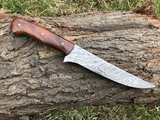 Rosewood Handle Damascus Fishing Fillet Knife with Leather Sheath