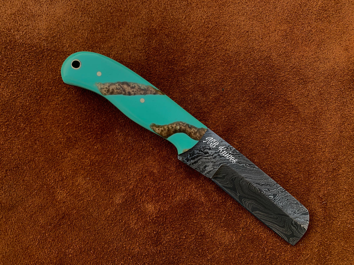 Turquoise Resin Handle Damascus Cowboy Bull Cutter Knife with Cross-Draw Sheath