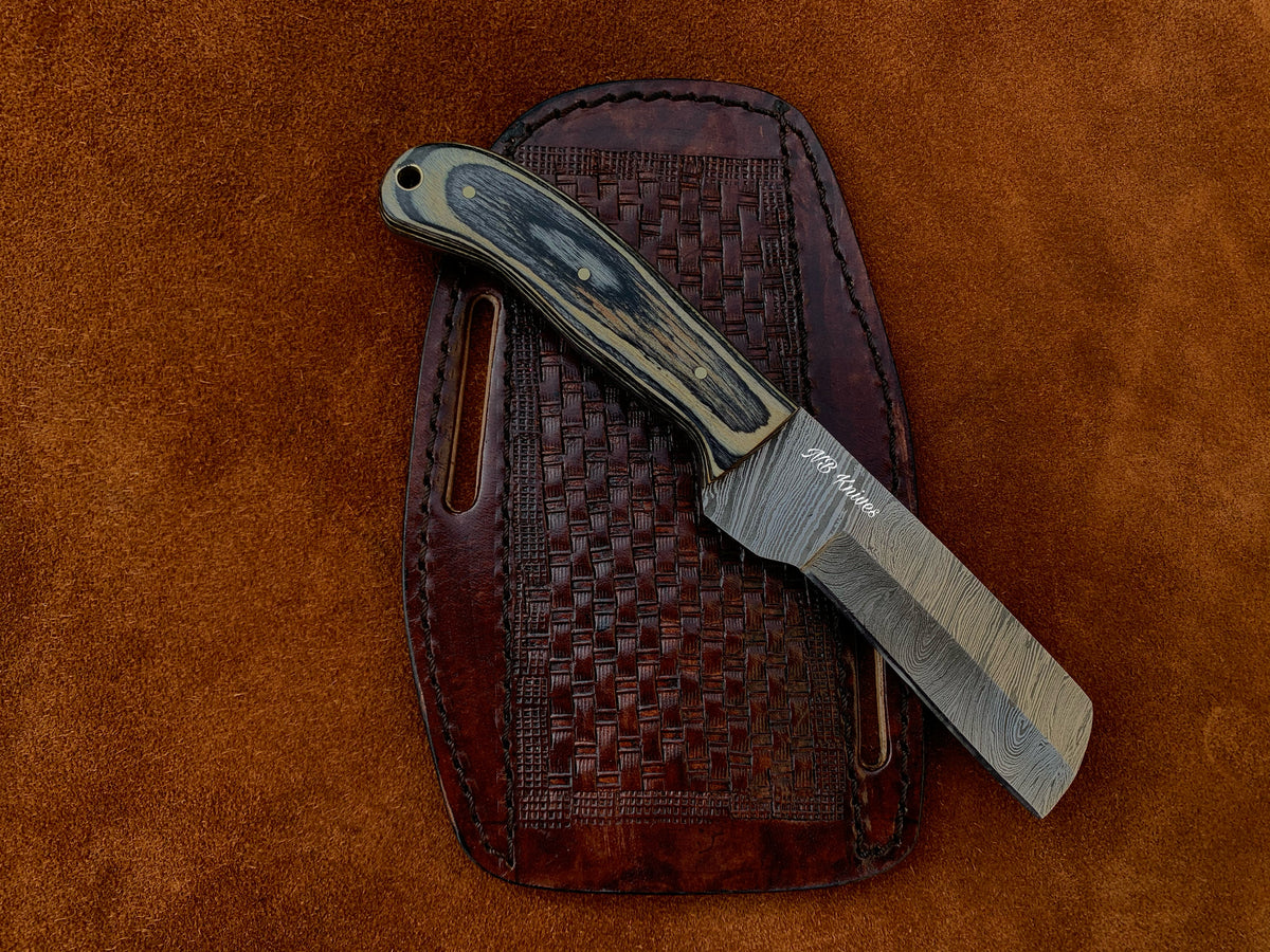 Hardwood Handle Damascus Cowboy Bull Cutter Knife with Cross-Draw Sheath
