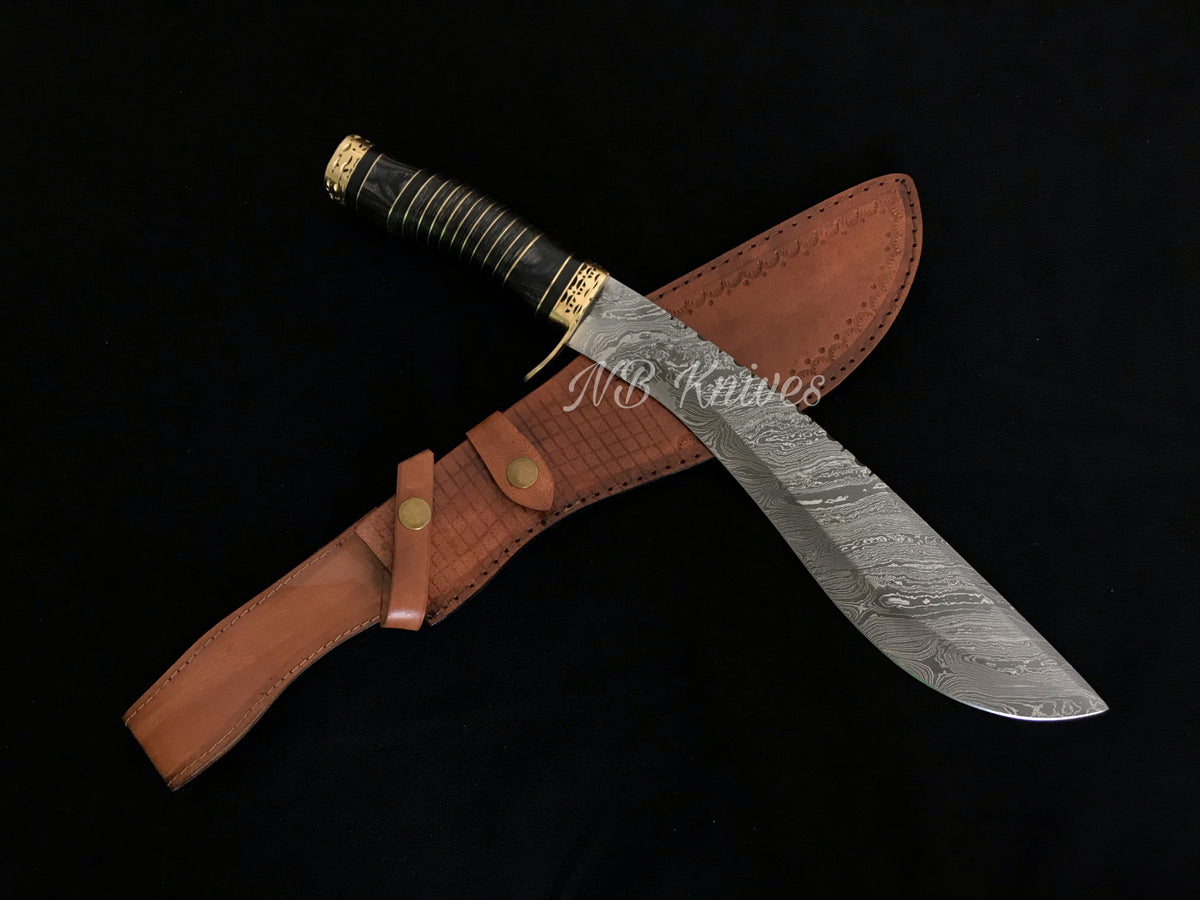 |NB KNIVES| CUSTOM HANDMADE DAMASCUS STEEL KUKRI KNIFE WITH LEATHER SHEATH