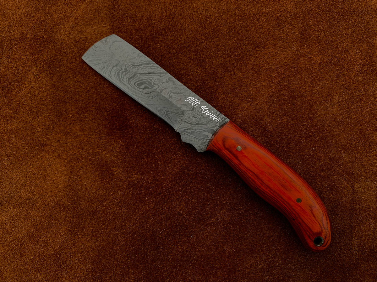 Handmade Damascus Cowboy Bull Cutter Knife with Pakka Wood Handle & Leather Sheath
