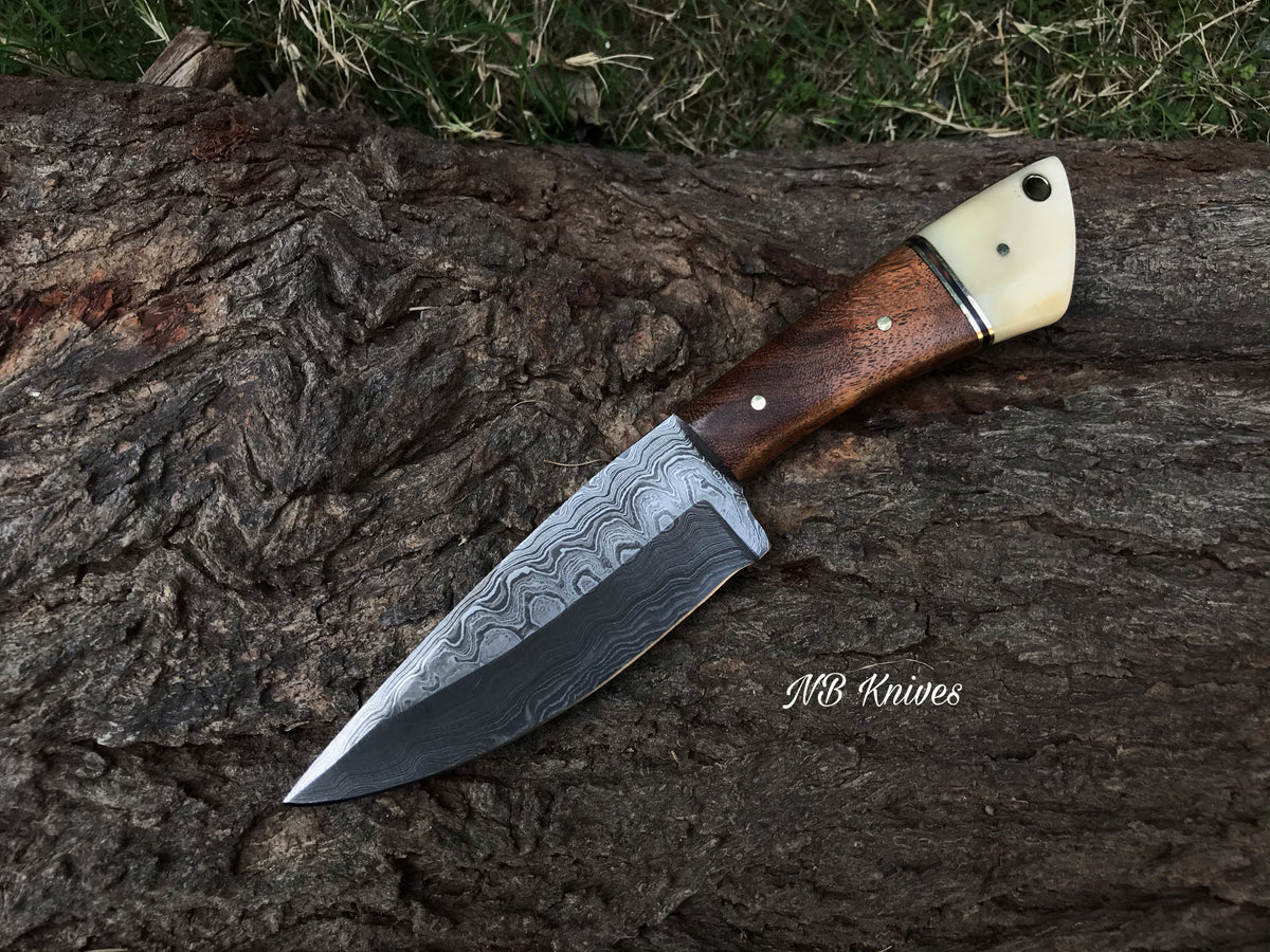 Skinner Knife Forged in Damascus, Finished in Camel Bone & Walnut Wood