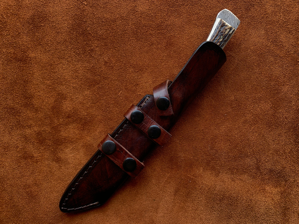 Handcrafted Damascus Seax Knife with Stag Horn Handle & Leather Sheath