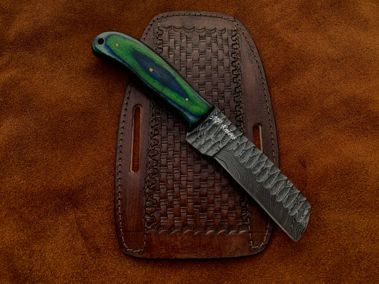 Sculpted Blade Damascus Cowboy Bull Cutter Knife with Pakka Wood Handle & Leather Sheath