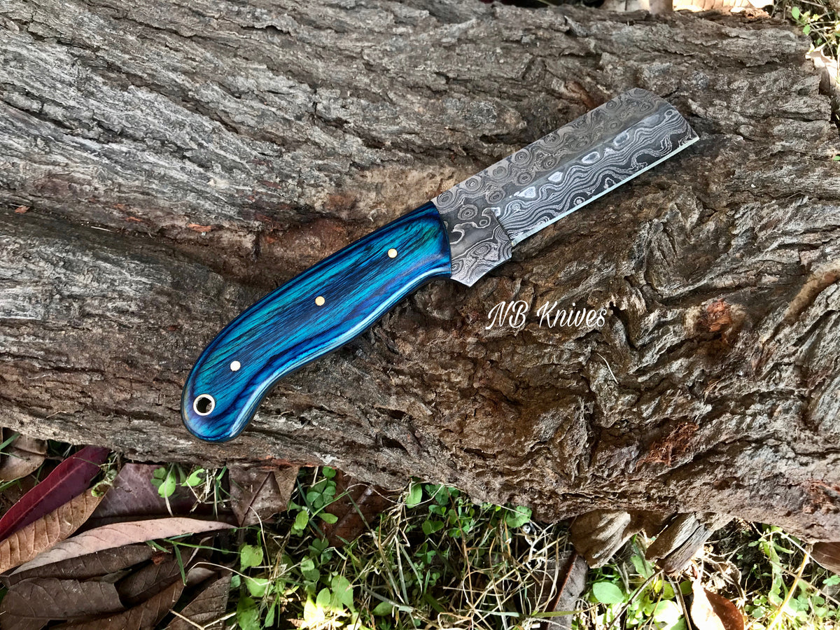 Blue Pakka Wood Handle Damascus Bull Cutter Knife with Leather Sheath