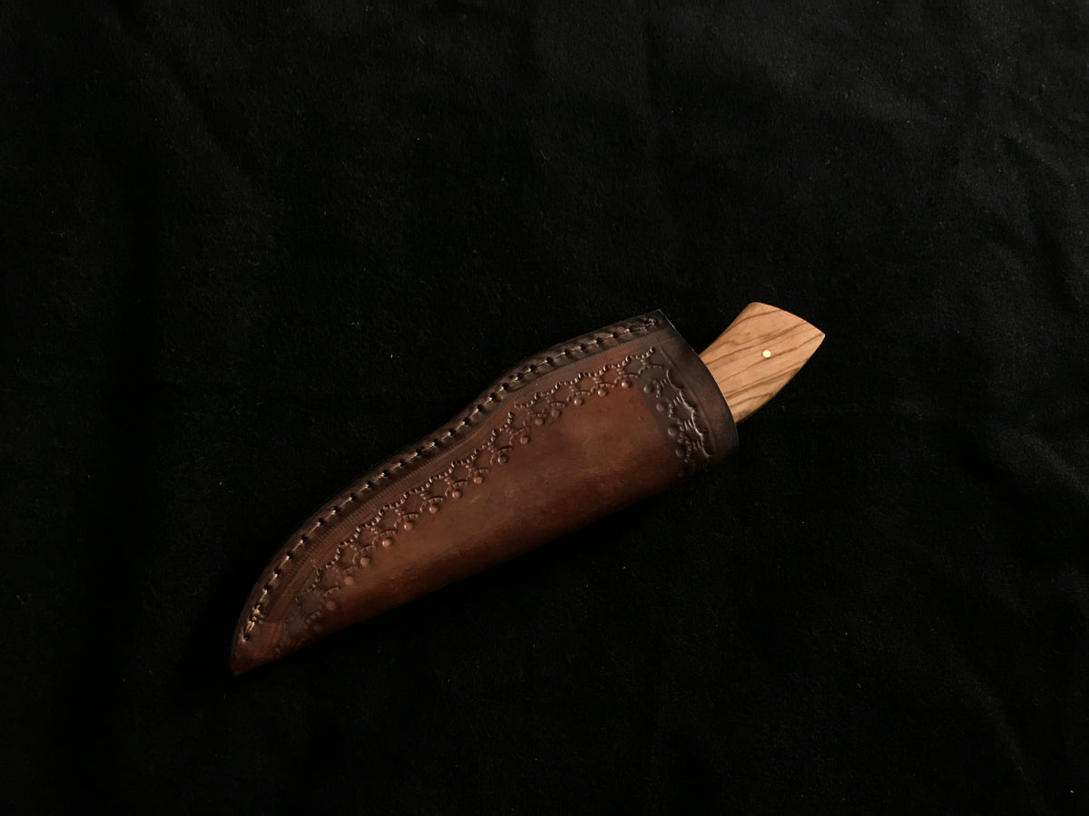 Olive Wood & Hardwood Bolster Damascus Skinner Knife – Handmade