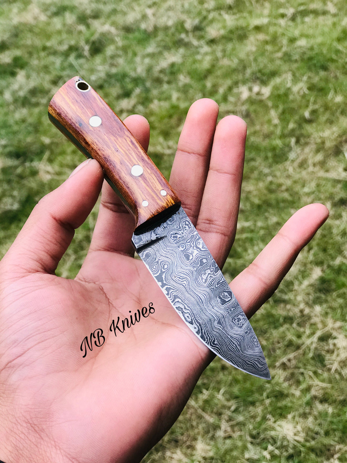 Skinner Knife in Damascus Steel with Rosewood Handle and Leather Sheath