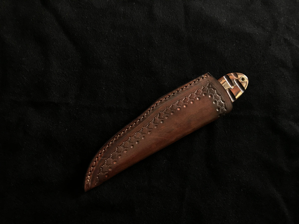 Handcrafted Damascus Skinning Knife with Hardwood Handle & Leather Sheath