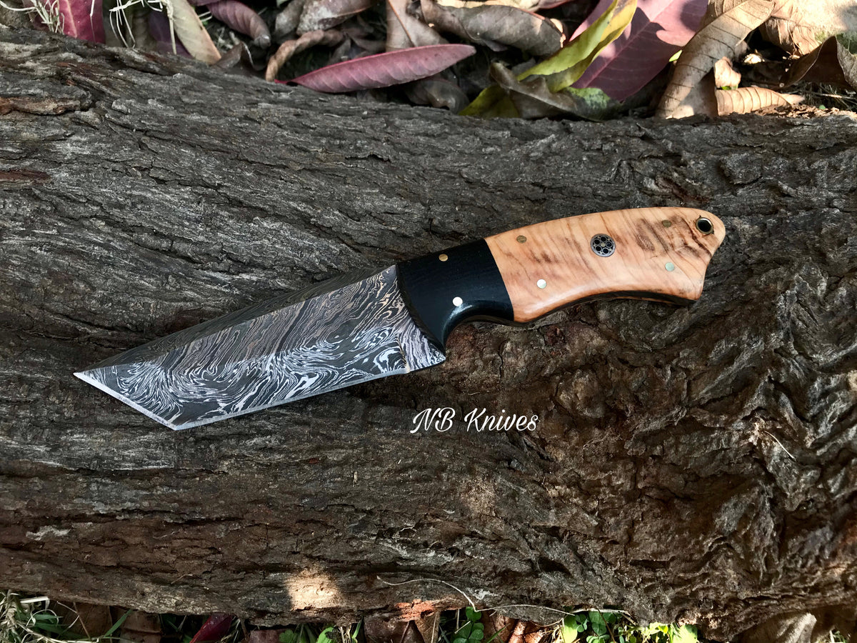 |NB KNIVES| CUSTOM HANDMADE DAMSCUS TANTO BLADE KNIFE Handle: wood with Micarta
