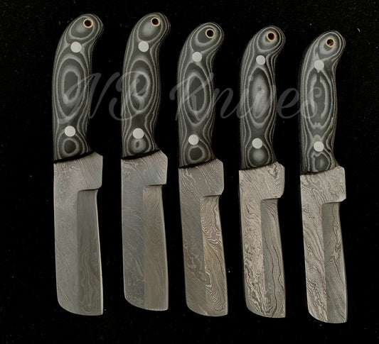 Set of 5 Handmade Damascus Cowboy Bull Cutter Knives with Micarta Handles & Leather Sheaths