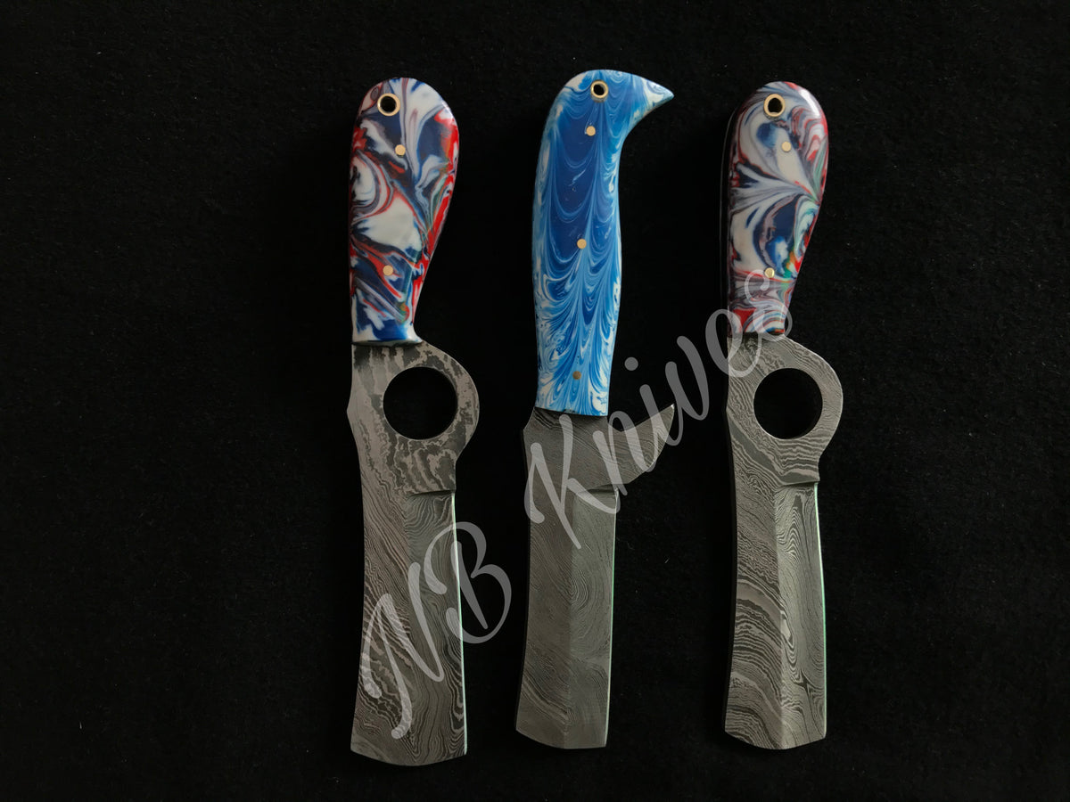 Set of 3 Beautiful Damascus Bull Cutter Knives with Resin Handles & Leather Sheaths