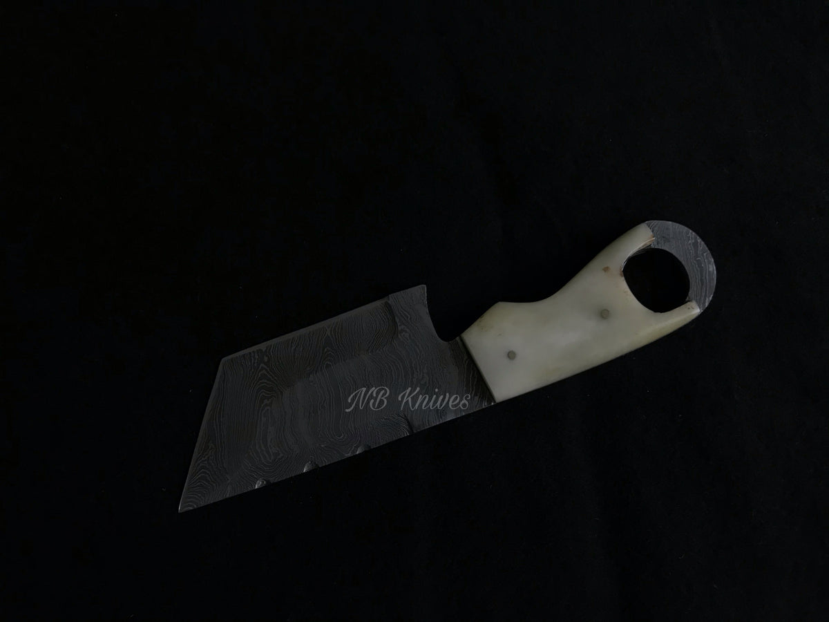 Camel Bone Damascus Skinner Knife – Handmade Blade with Leather Sheath