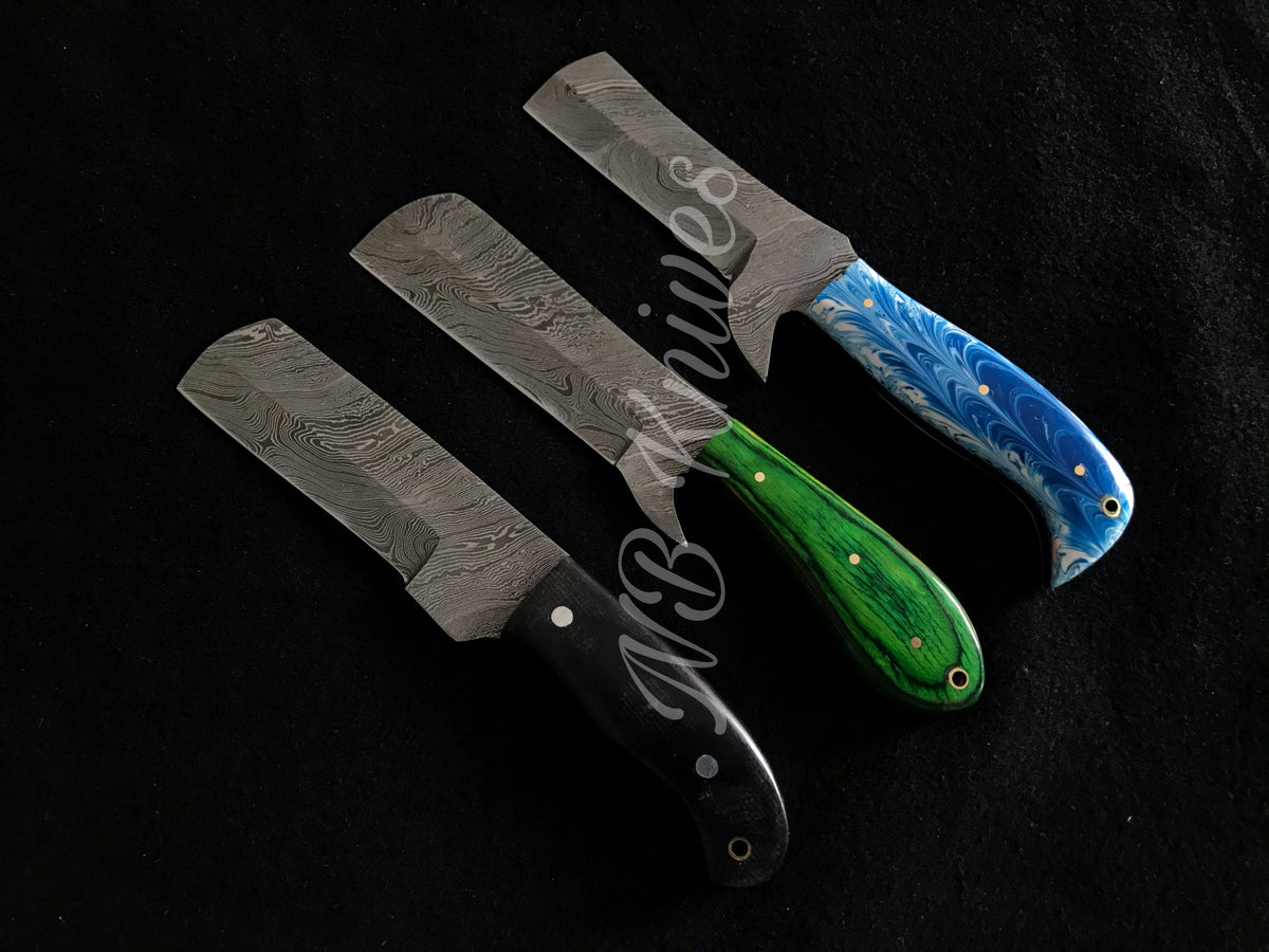 Set of 3 Handmade Damascus Cow boy Bull Cutter Knives with Micarta, Pakkawood & Resin Handles