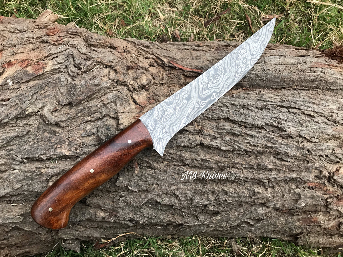 Rosewood Handle Damascus Fishing Fillet Knife with Leather Sheath
