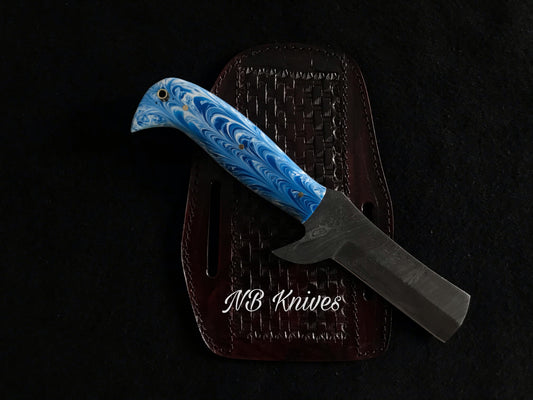 Resin Handle Damascus Cowboy Bull Cutter Knife with Leather Sheath