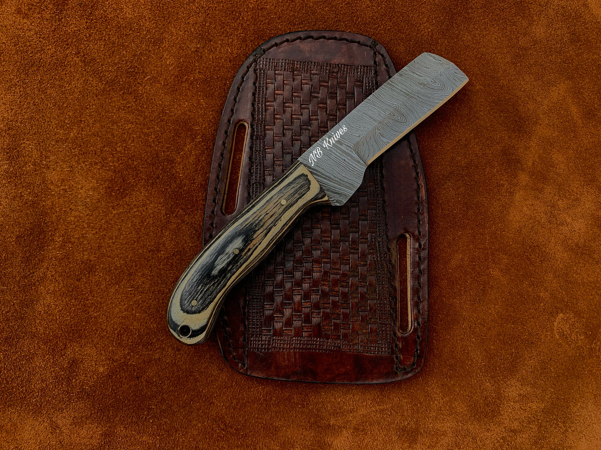 Hardwood Handle Damascus Cowboy Bull Cutter Knife with Cross-Draw Sheath