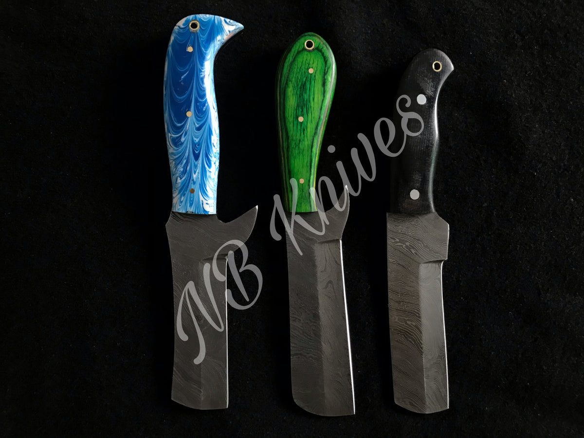 Set of 3 Handmade Damascus Cow boy Bull Cutter Knives with Micarta, Pakkawood & Resin Handles