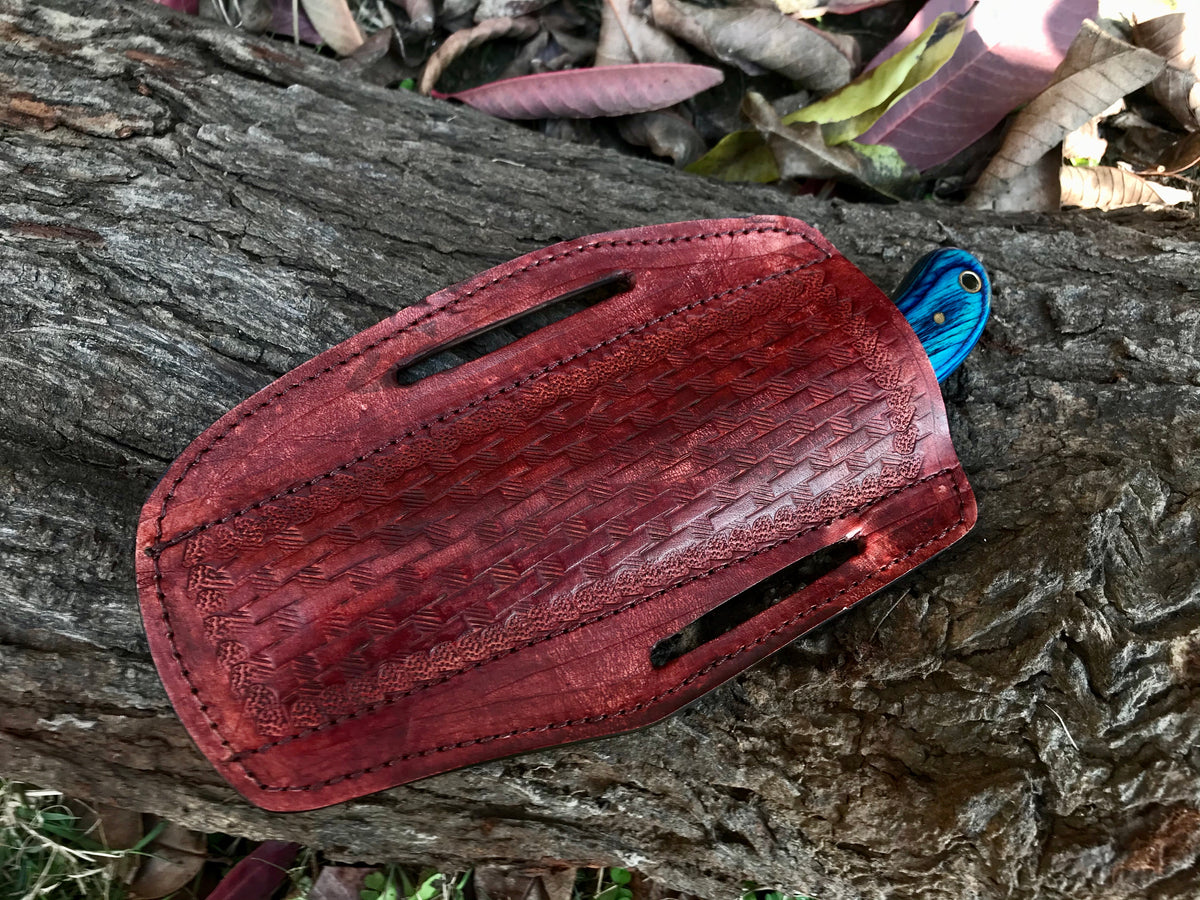 Blue Pakka Wood Handle Damascus Bull Cutter Knife with Leather Sheath