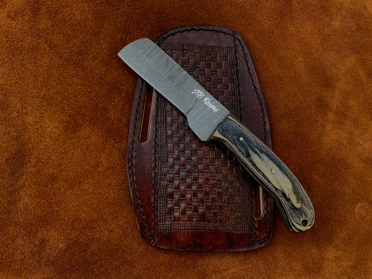 Hardwood Handle Damascus Cowboy Bull Cutter Knife with Cross-Draw Sheath