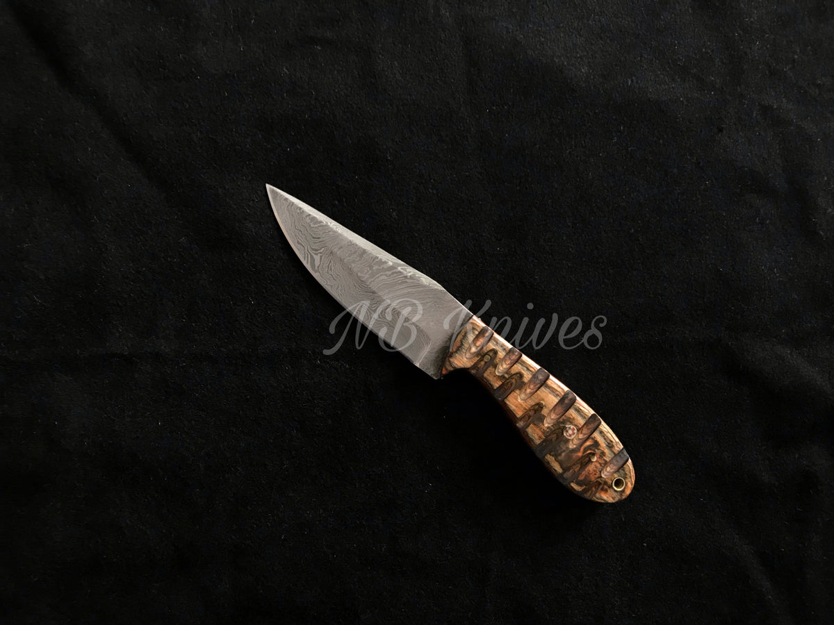 Handcrafted Damascus Skinning Knife with Hardwood Handle & Leather Sheath