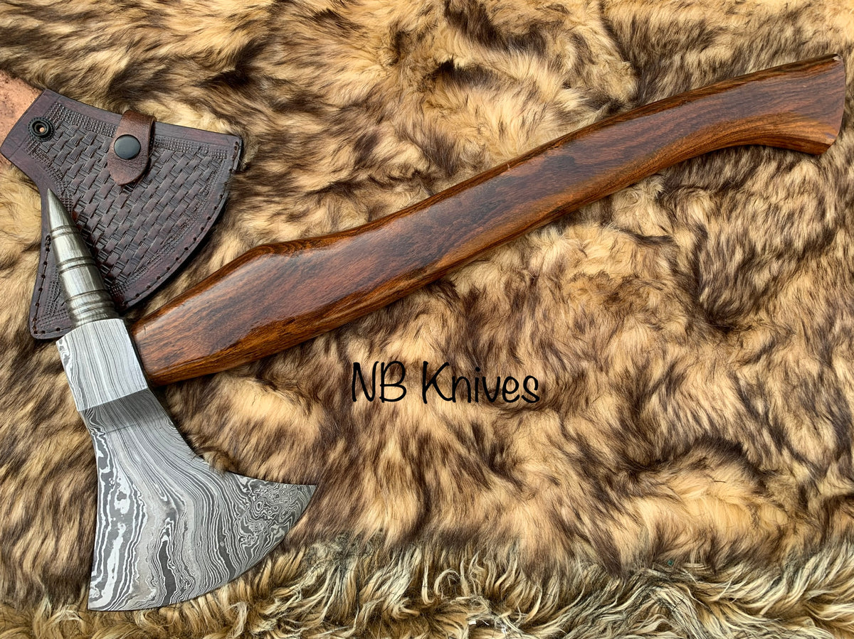 |NB KNIVES| Custom Handmade Damascus Axe Handle RoseWood With Leather Sheath
