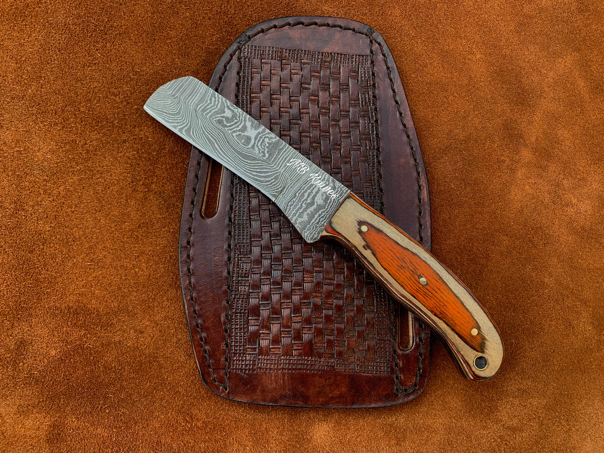 Hardwood Handle Damascus Cowboy Bull Cutter Knife with Cross-Draw Sheath