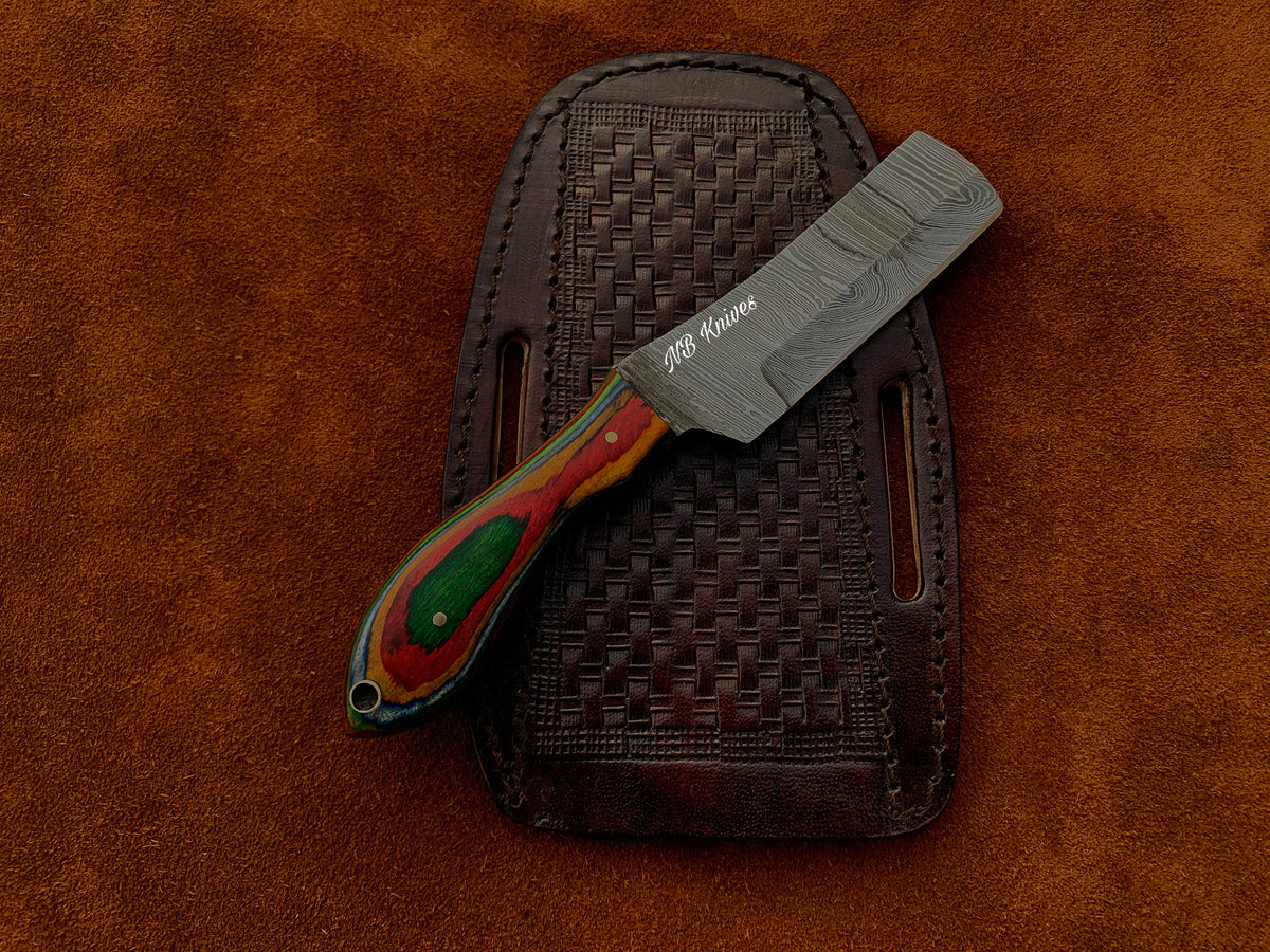 Damascus Steel Bull Cutter Knife with Pakka Wood Handle & Leather Sheath