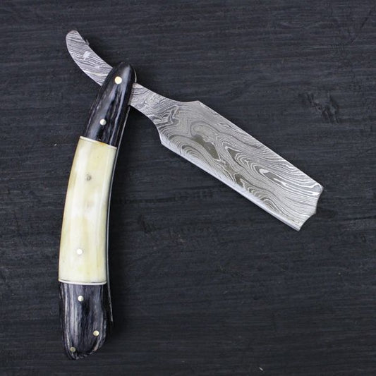CUSTOM HANDMADE DAMASCUS RAZOR WITH LEATHER SHEATH