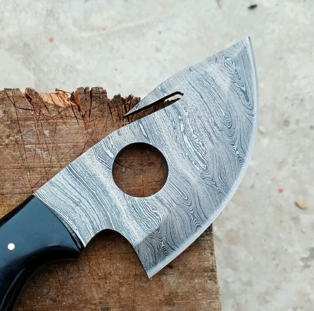 Handmade Damascus Guthook Skinner Knife with Black Horn Handle & Leather Sheath