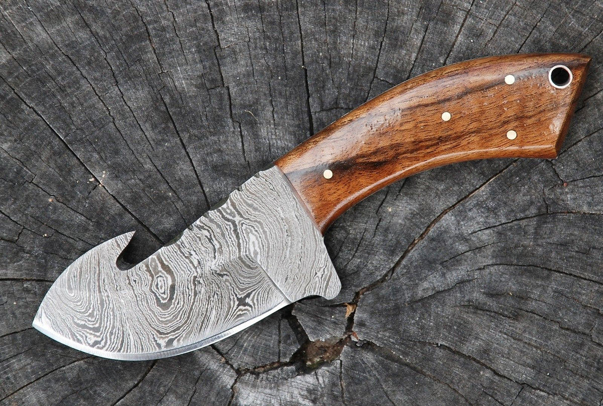 Walnut Wood Handle Handmade Damascus Guthook Knife with Leather Sheath