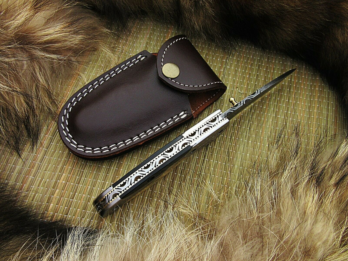 CUSTOM HANDMADE DAMASCUS POCKET KNIFE WITH LEATHER SHEATH