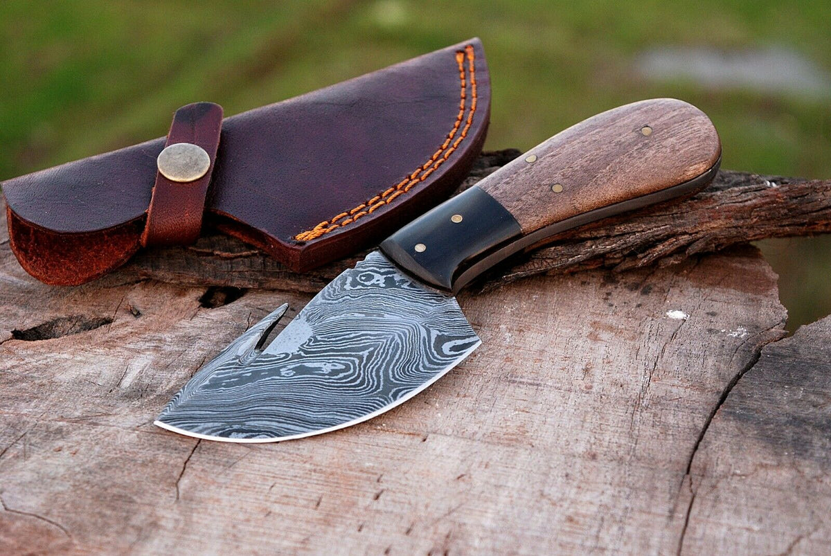 Handmade Damascus Guthook Skinner Knife with Olive Wood Handle & Buffalo Horn Bolster