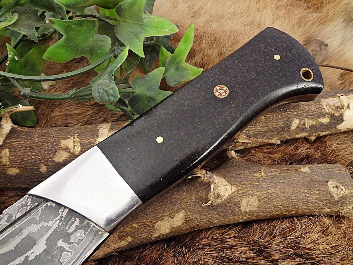 15" long Damascus steel Eagle Kukri Knife, 10" full tang blade, Leather sheath - NB CUTLERY LTD