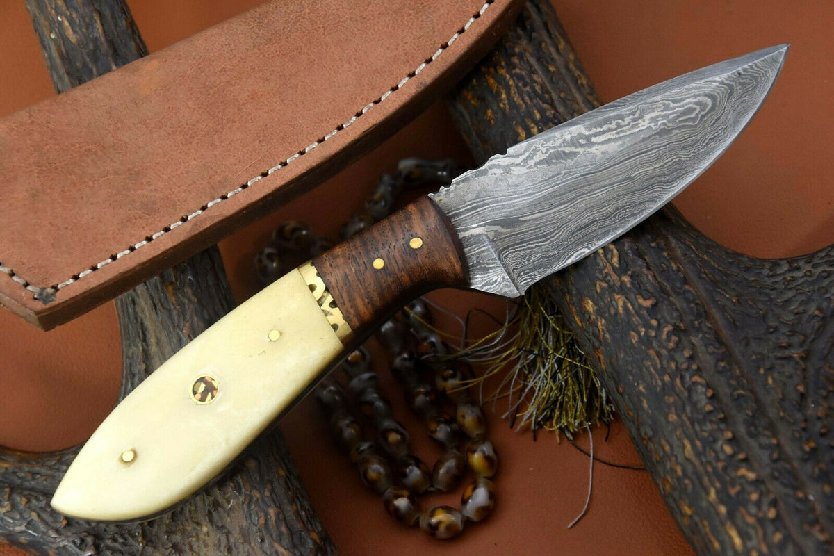 Handcrafted Damascus Skinner Knife with Camel Bone, Walnut Bolster and Leather Sheath
