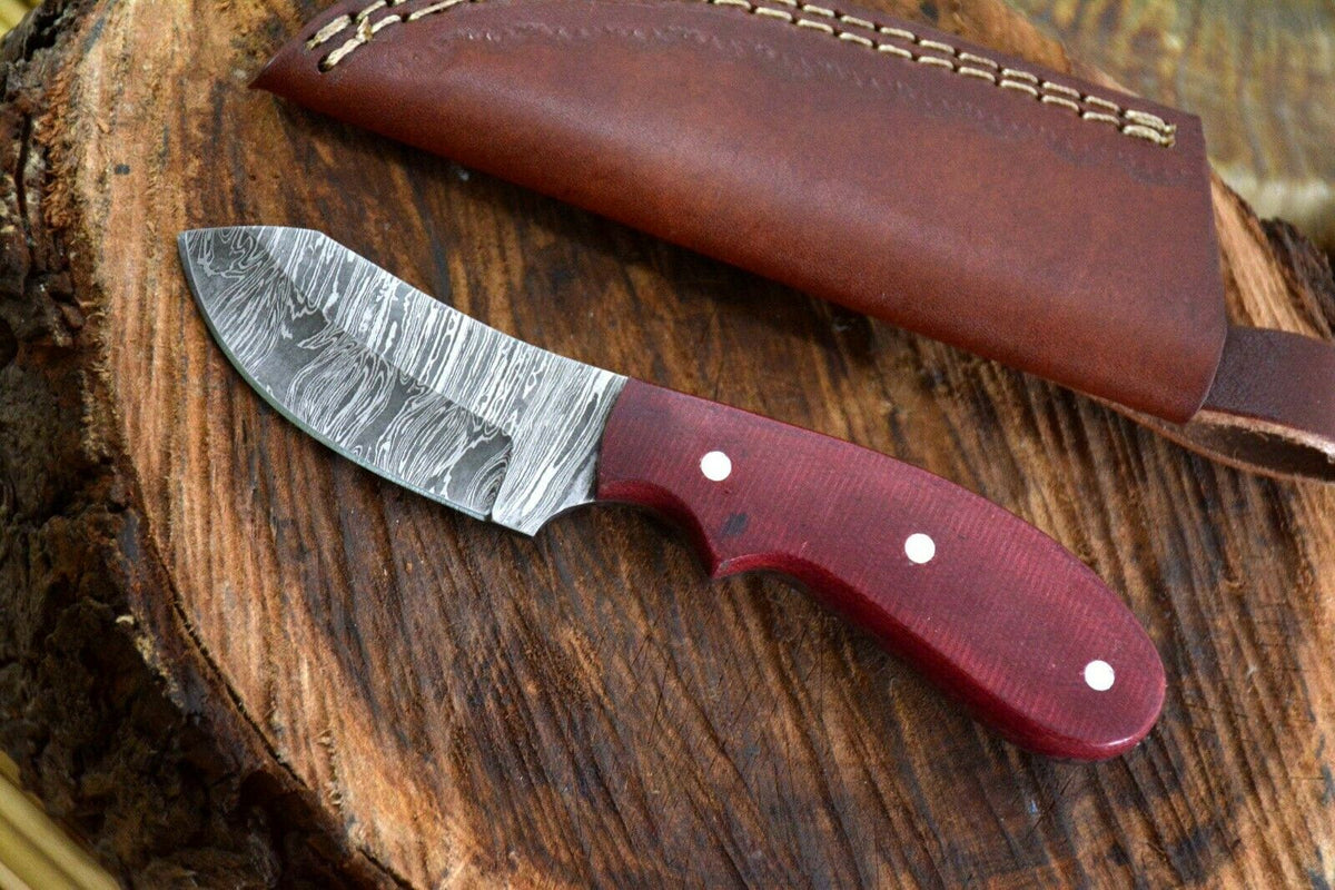 Damascus Steel Skinner Knife with Micarta Handle and Leather Sheath