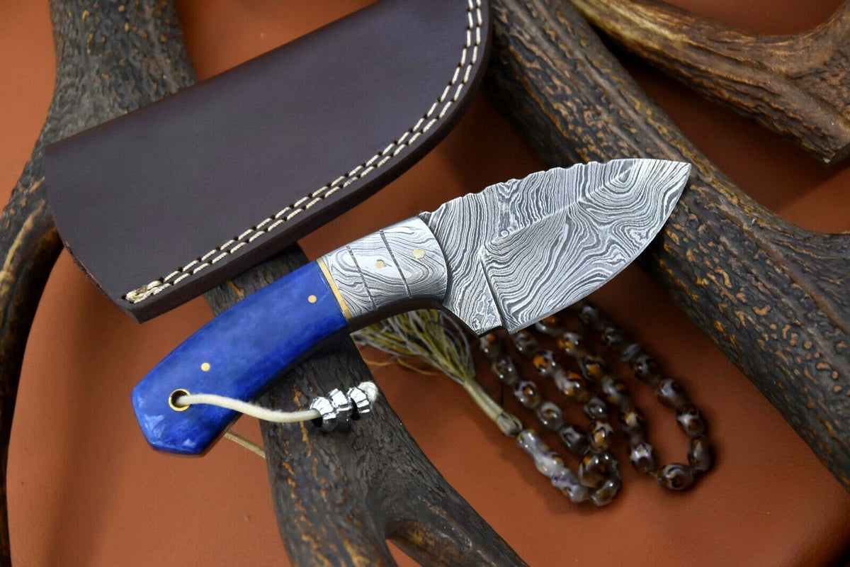 Handcrafted Blue Camel Bone Skinner Knife with Damascus Steel Bolster and Sheath