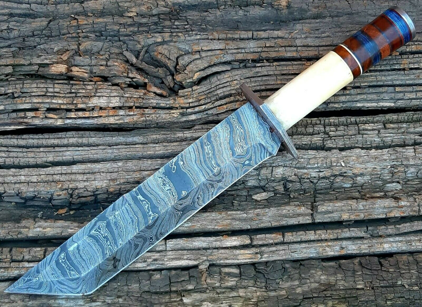 |NB KNIVES| CUSTOM HANDMADE DAMASCUS STEEL TANTO BLADE KNIFE WITH LEATHER SHEATH