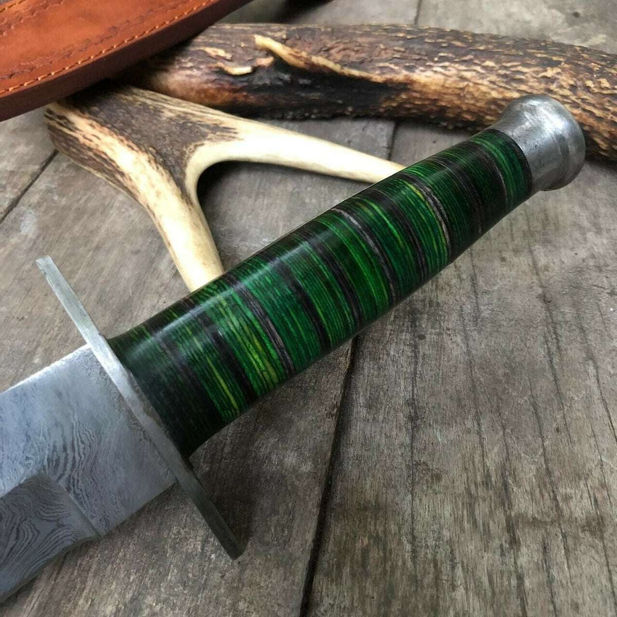 Handcrafted Damascus Bowie Hunting Knife with Green Pakka Wood Handle & Damascus Bolster