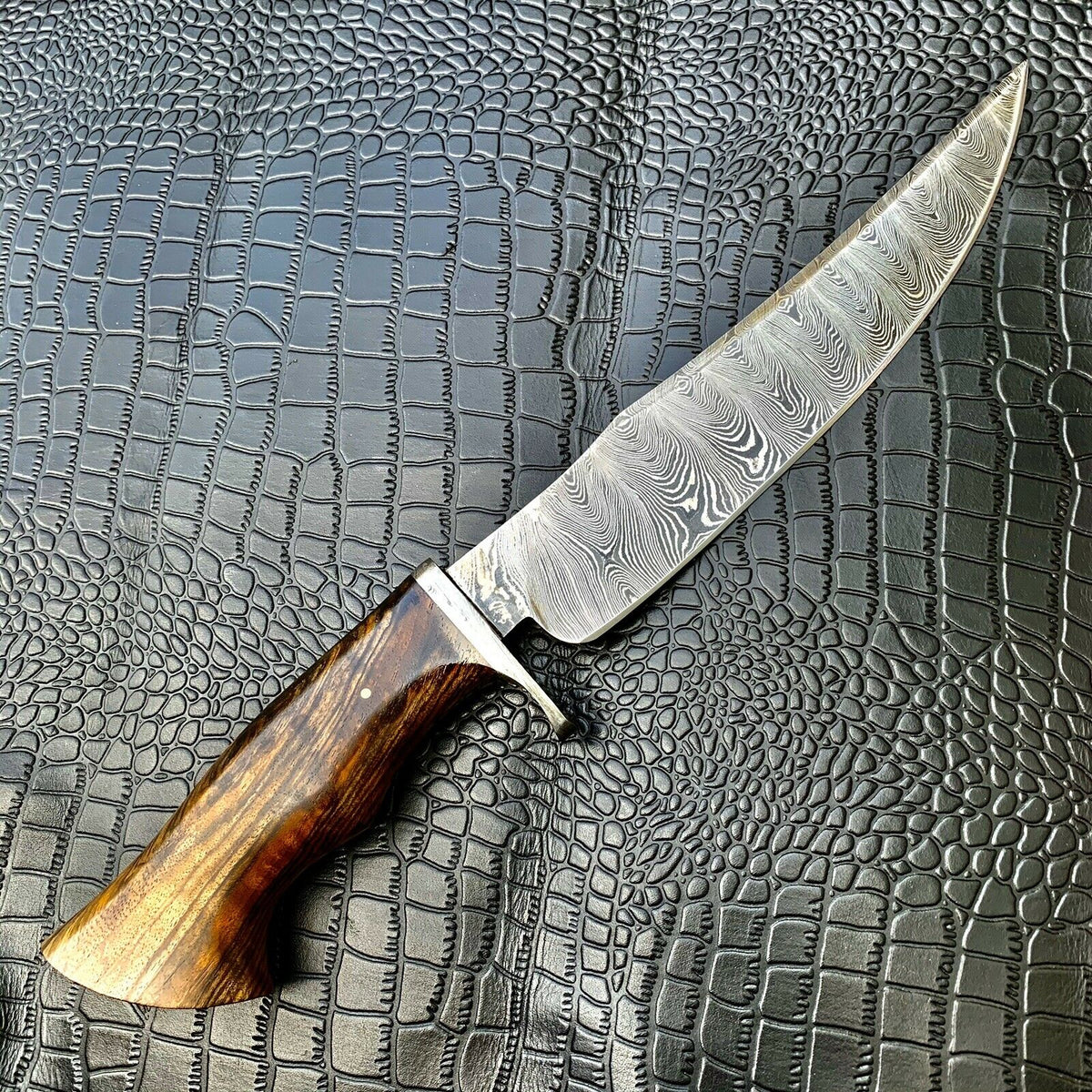 Damascus Bowie Hunting Knife with Rosewood Grip and Damascus Bolster, Sheath Included
